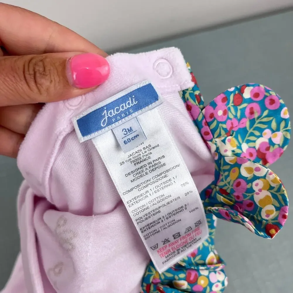 Jacadi Paris Pink Velour Floral Petal Collar Footie Coverall 3 Months